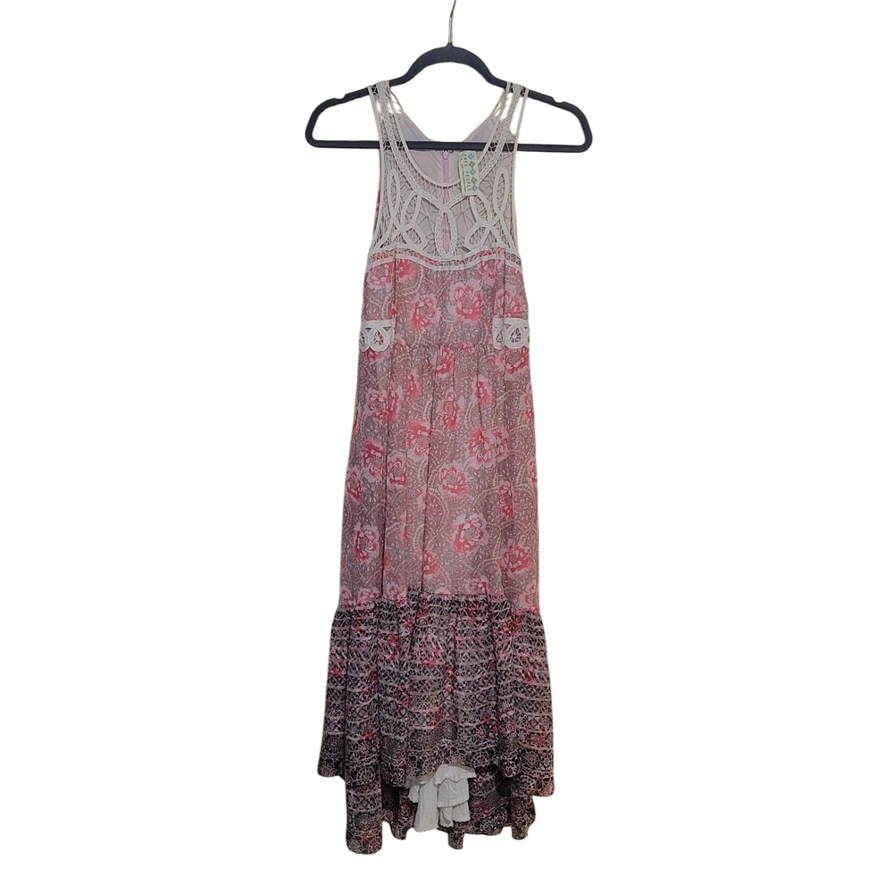Free People Pink Floral Paisley Crochet Lace‎ High Low Sleeveless Midi Dress